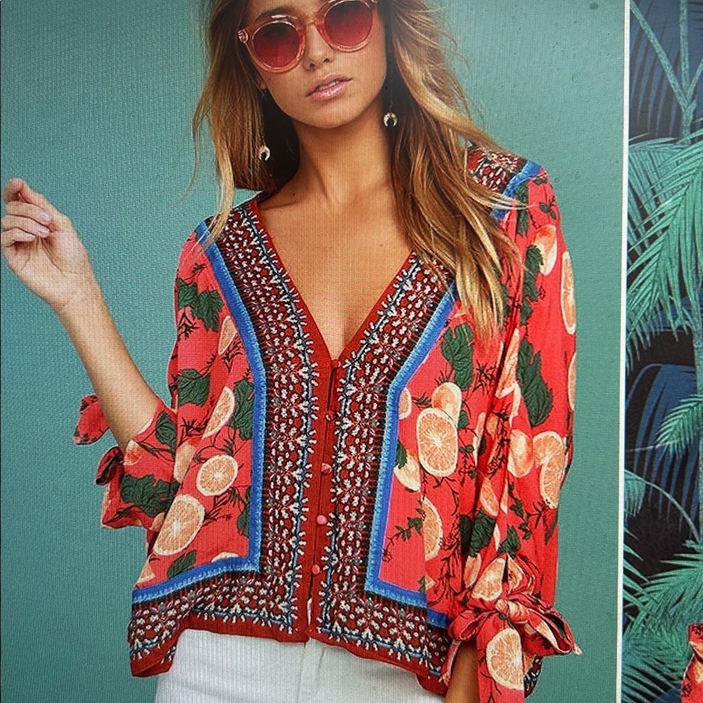 Free People Red Citrus Print V-Neck Tie-Sleeve Blouse